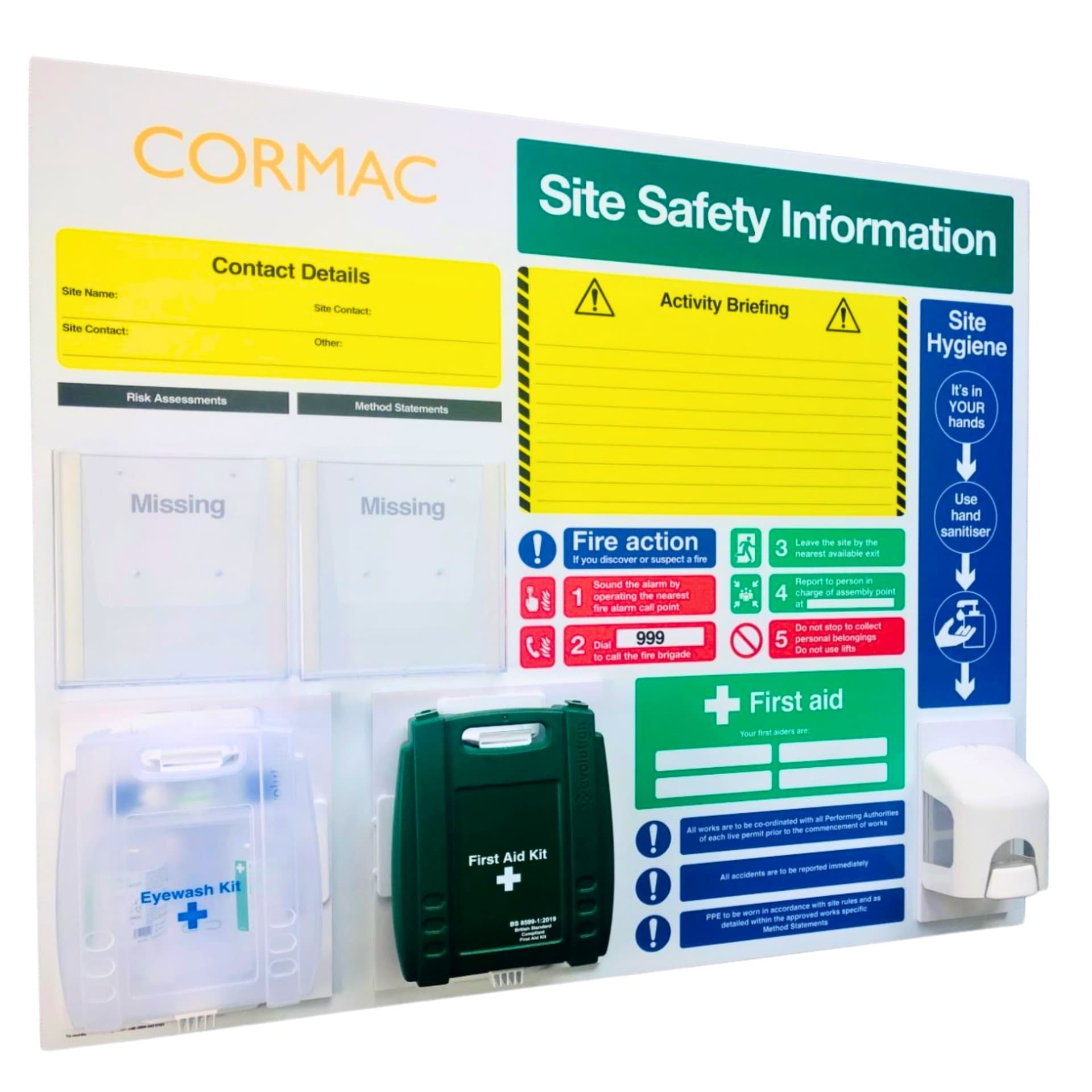 CDM Site Safety Board with Activity Briefing Area and Hand Sanitising Dispenser