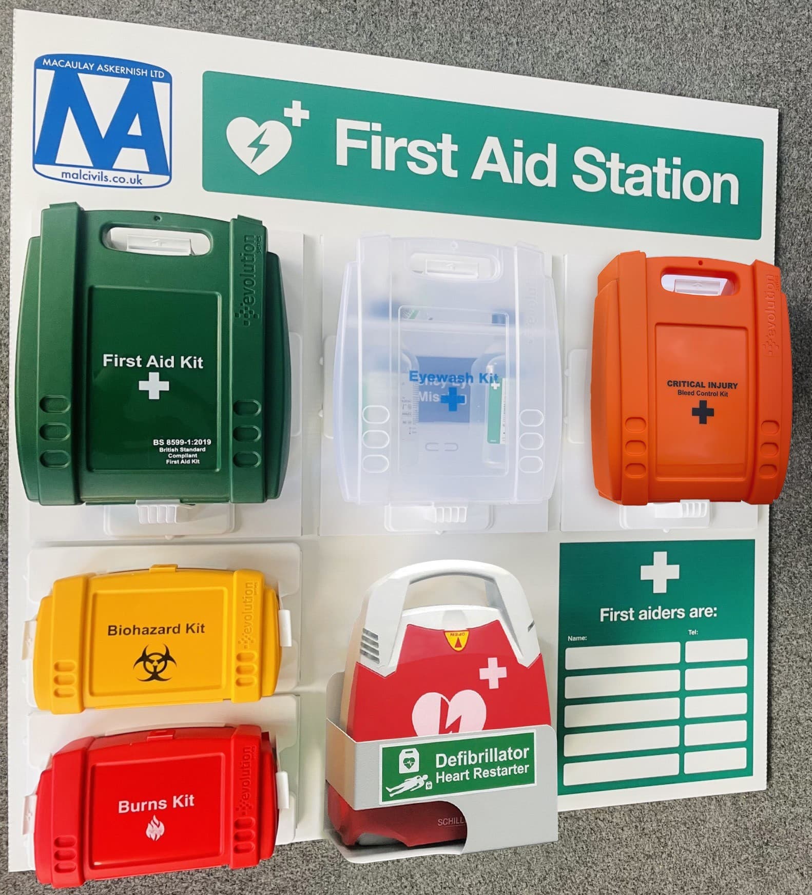 AED Defibrillator Stations with Catastrophic Bleed Kit & Schiller FRED PA-1 Fully Automatic Defibrillator