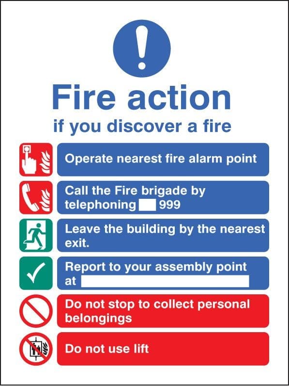Fire Action Notice With Safety Symbols, Manual Fire Brigade Call 999 , Do Not Use Lift