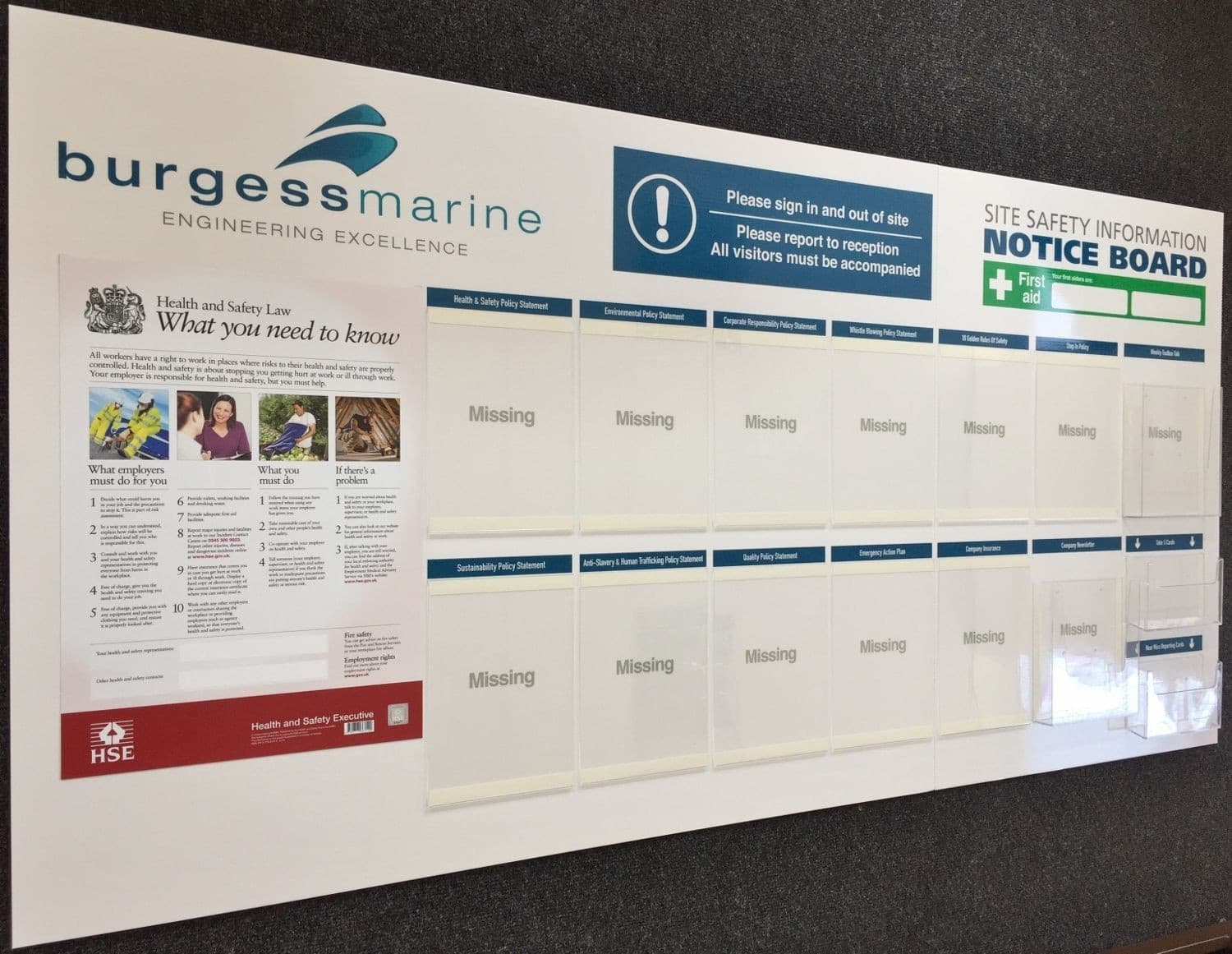 SHEQ Policy Site Information Board with Near Miss Card Dispenser