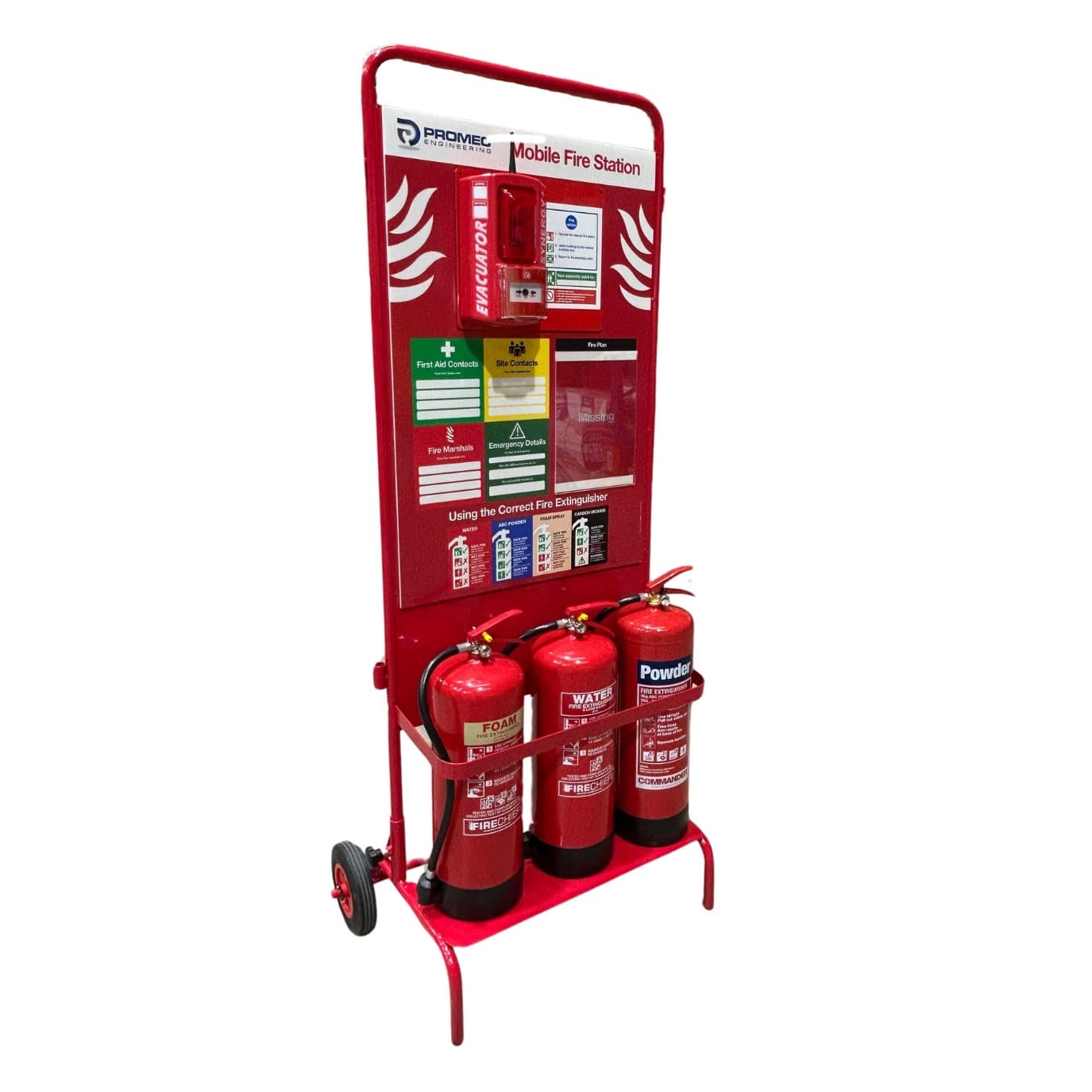 Wheeled Triple Trolley Stand with Evacuator Synergy Wireless Alarm and Branded Board