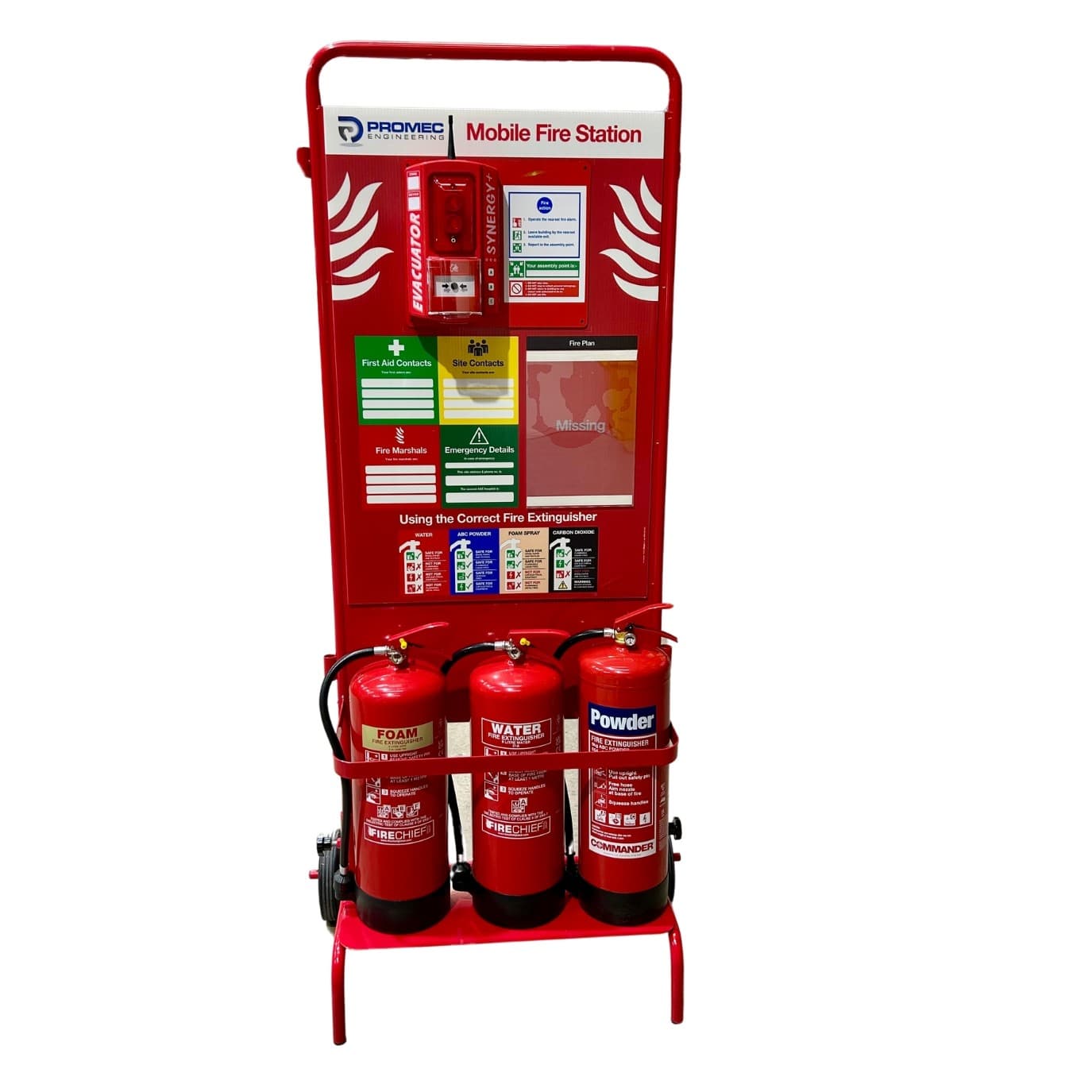 Wheeled Triple Trolley Stand with Evacuator Synergy Wireless Alarm and Branded Board